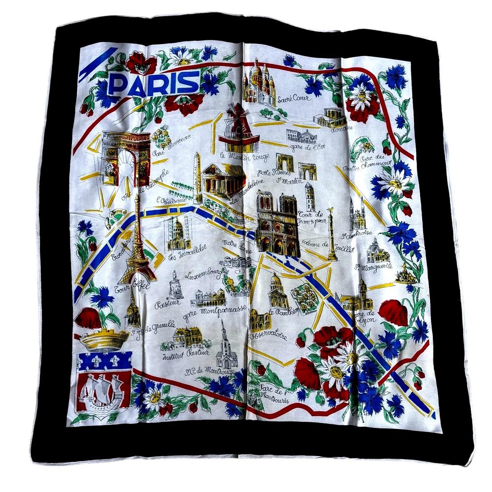 Vintage silk scarf PARIS theme travel tourist souvenir multi color sites square